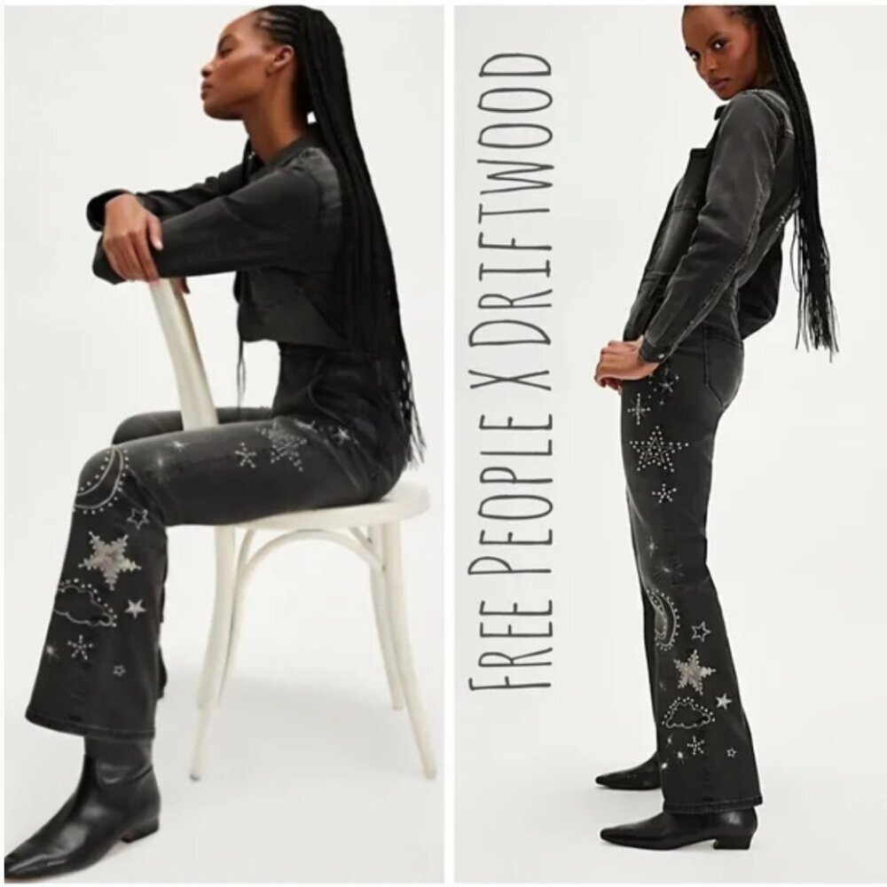 NWT Free People x Driftwood Celestial Black Denim Jumpsuit Studded Embroidery XS